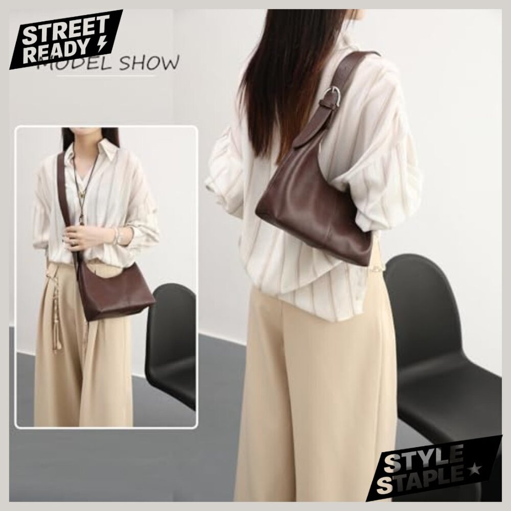 Soft Vegan Leather Hobo Shoulder Bag Crossbody Tote with Adjustable Straps - Picture 4 of 7